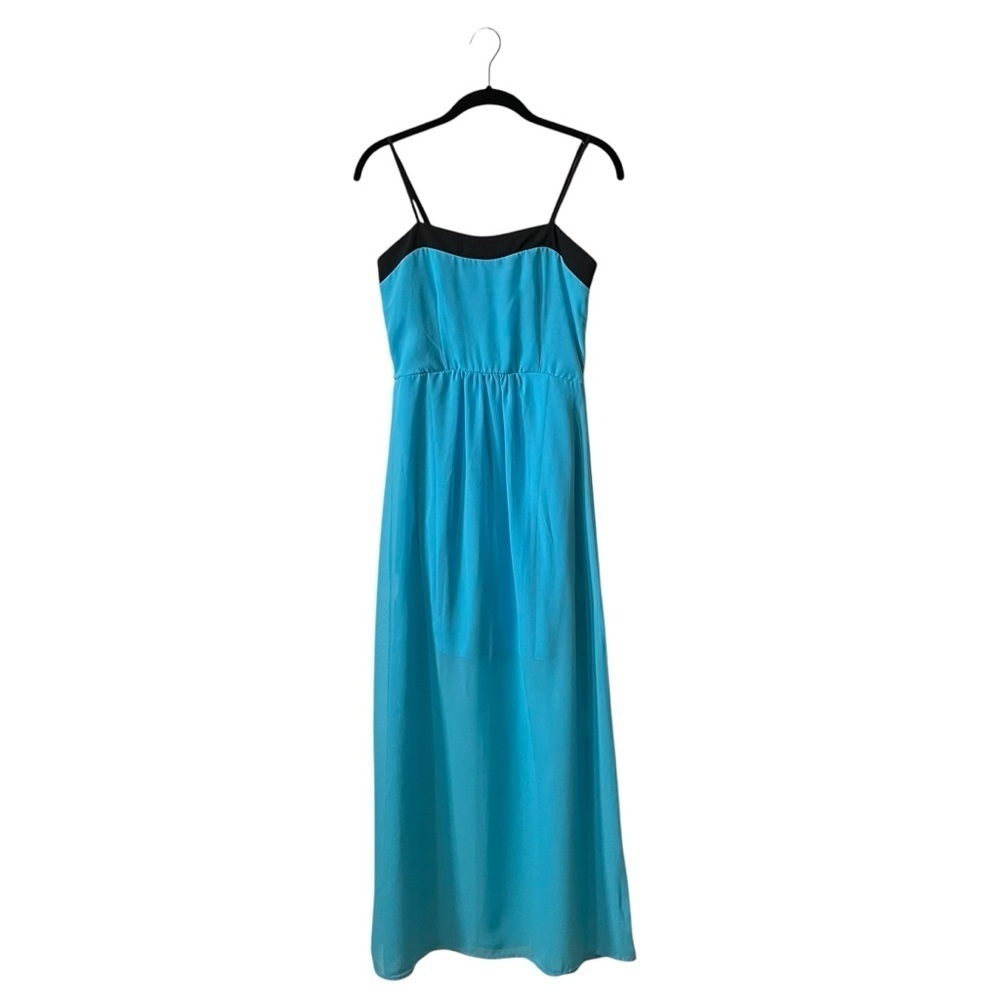 Delirious Los Angeles Dress Women's Sz S Blue Black Spaghetti Strap Maxi Chiffon
